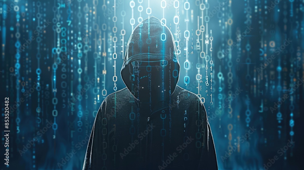Poster A shadowy figure in a hoodie, representing a hacker, standing against a backdrop of binary code. The image conveys themes of cybersecurity threats, hacking, and digital crime. Generative AI.