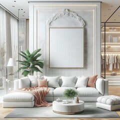 A room style interior set design with Modern commercial building interior with A large blank white screen couch and a white table creative Vibrant engaging.