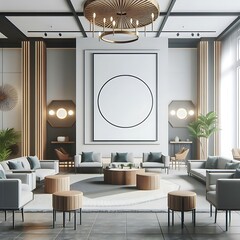 A room style interior set design with a large round table and couches informative engaging Vibrant engaging.