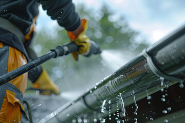 Person cleaning spring rain gutters using a pressure washer, representing essential home maintenance tasks