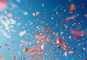 Confetti falling from above with a clear blue sky in the background