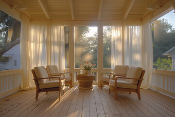 Fototapeta premium Airy Sunroom with Minimalist Design Featuring Simple Decorative Objects, Muted Earth Tones, and Gentle Evening Light Creating a Calming Atmosphere Enhanced by Sheer Fabrics.