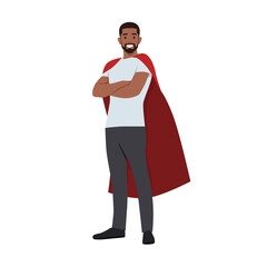 Young man wearing a red cape with folded hands. Flat vector illustration isolated on white background