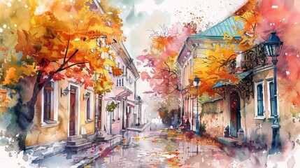 Obraz premium Cozy street in watercolor, charming house facades, vivid autumn hues, artistic impression, warm and inviting atmosphere