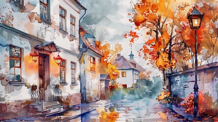 Cozy street scene in watercolor, charming house facade, rich autumn colors, artistic and warm illustration, inviting vibe