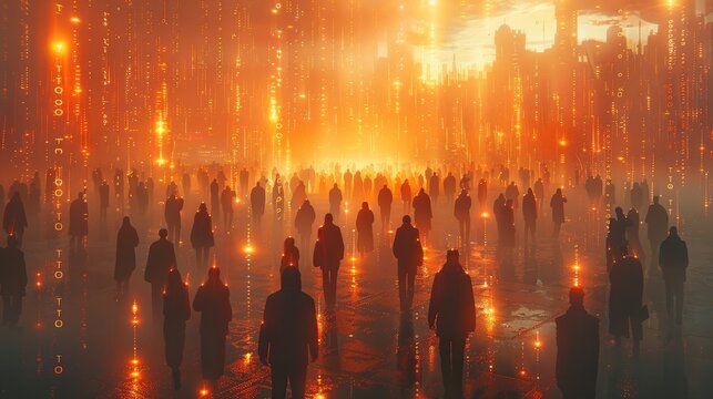 A crowd of people stands in the middle of a modern city. Glowing lines consisting of binary code pass between people. Generative AI.