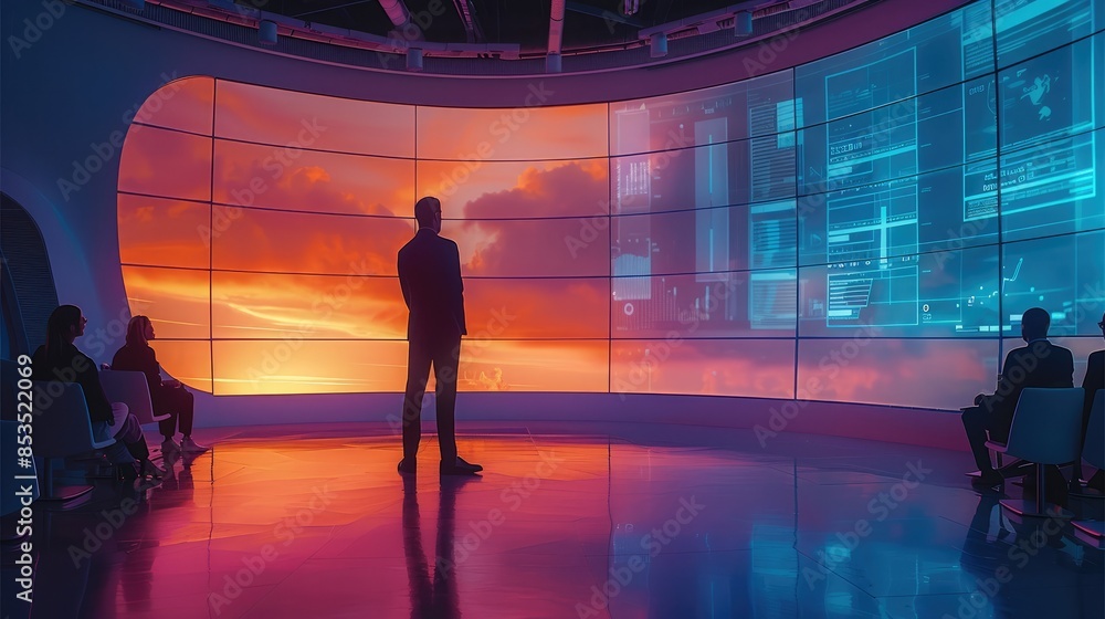 Leinwandbilder a presenter presents a show in front of a rounded glass wall where is a reflection of a situation aw