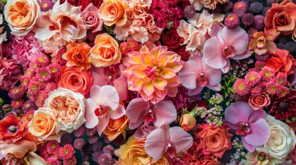 Fototapeta premium Bright and colorful wall of fresh flowers, including roses, carnations, and orchids, intricate and lively group pattern, blooming