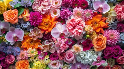 Bright colorful fresh flowers including roses, carnations, and orchids, blooming on a wall, vibrant group pattern, lively and detailed