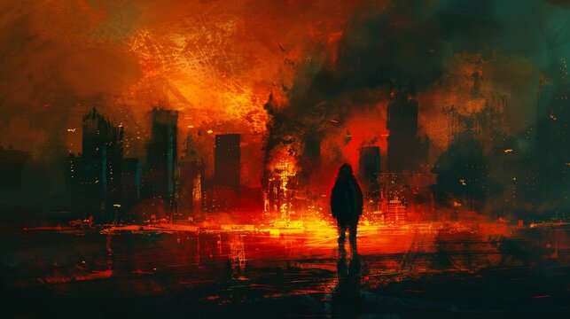 Burning city, dark figure in the foreground, expressive and painterly style, chaotic and vivid portrayal, intense atmosphere