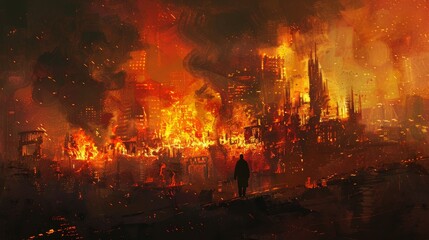 Fototapeta premium City engulfed in flames, dark solitary silhouette stands before the inferno, painterly and expressive style, intense and dramatic scene