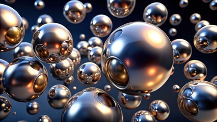 An abstract background with 3D metallic spheres in various sizes, floating against a dark gradient.