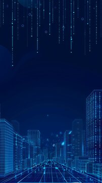 Vector Background of Blue Digital Cityscape with Binary Code on a Dark Blue Background, Cyberpunk Style Vertical Banner Template for Website Layout or Presentation