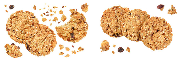 Granola cookie isolated on white background with full depth of field. Top view. Flat lay.