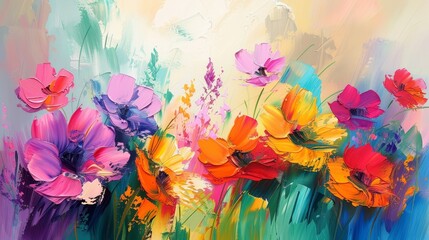 Colorful flowers design abstract landscape, bright summer feel, vibrant hues, dynamic brush strokes, cheerful and lively composition
