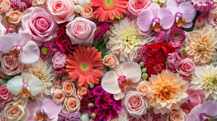 Colorful fresh flowers on the wall, roses, carnations, orchids, blooming in a beautiful group pattern, vibrant and detailed