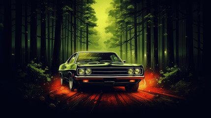 Discover a stunning futuristic crystal muscle car shining in a mysterious forest.