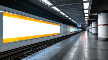 Modern train station billboard mockup, 3D rendered, blank with a light border for transit advertising.