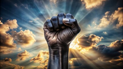 A solitary clenched black fist rises defiantly into the air, symbolizing resistance, solidarity, and empowerment in a powerful political protest statement.