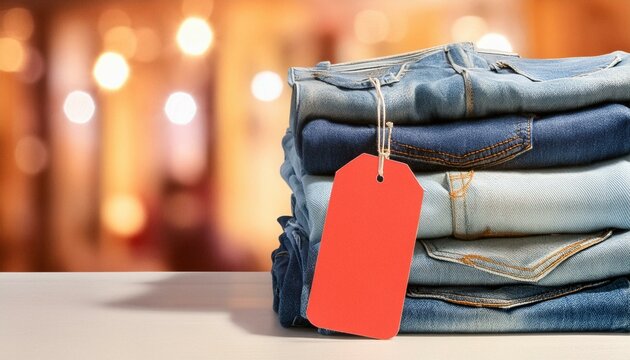 Stack of jean pants with tag / label for shopping or packages concept; store background