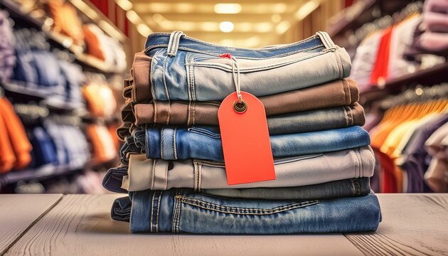 Stack of jean pants with tag / label for shopping or packages concept; store background