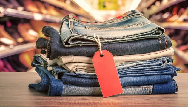 Stack of jean pants with tag / label for shopping or packages concept; store background