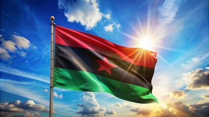 Vibrant alternative juneteenth flag with flared edges, waving freely against a blue sky, commemorating black liberation since 1865, in stunning 3d rendering, sans humans.