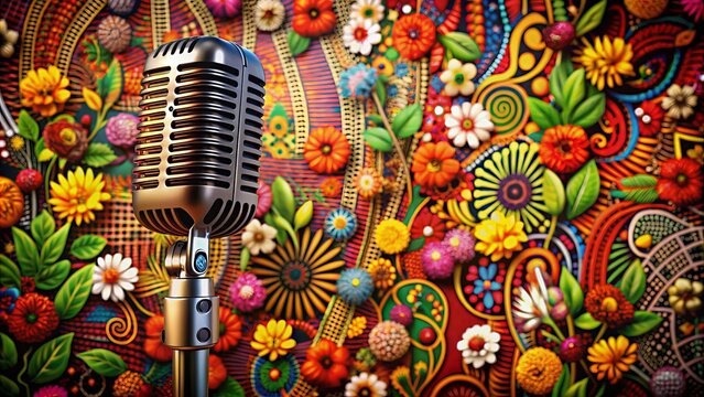 Vintage microphone in front of a colorful afrocentric patterned backdrop surrounded by musical notes, flowers, and african instruments, evoking a sense of cultural pride.