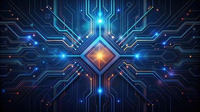 An abstract design of a digital circuit board with glowing lines and nodes.