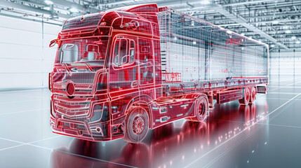 Red x-ray front truck electric system, cables and all connectivity in red, wireframe view, white background, bright atmosphere. Generative AI.