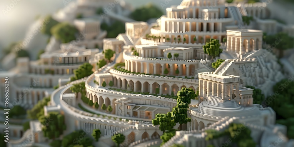 Poster creating a 3d model of the hanging gardens of babylon. concept 3d modeling, historical architecture,