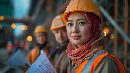 Hijabi woman and her coworker reviewing blueprints at a construction site
