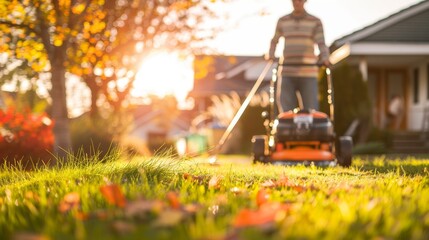 Mowing The Grass With A Lawn Mower In The Yard