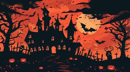 Festive Halloween illustration, haunted mansion, pumpkins and bats, vibrant orange and deep black, spooky background