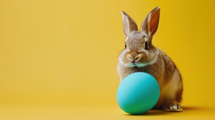 Fototapeta premium Easter bunny rabbit with blue painted egg on yellow background. Easter holiday concept