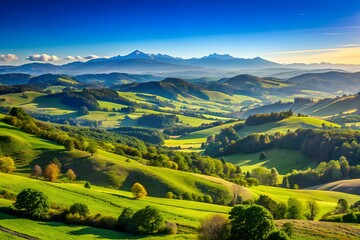 Fototapeta premium Majestic Mountain Landscape with Rolling Hills and Lush Green Valleys under Clear Blue Sky
