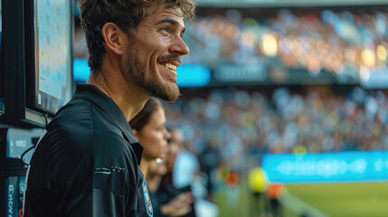 Naklejka premium A soccer referee happy is watching and touching monitor VAR, behind him a crowd in soccer stadium. Generative AI.