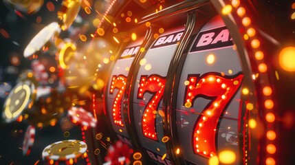 Vibrant casino slot machine winning triple sevens jackpot with glowing lights and poker chips in the background. Exciting gambling scene.