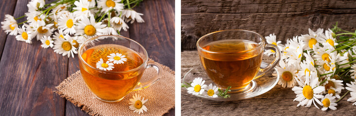 Herbal tea with fresh chamomile flowers on black wooden background