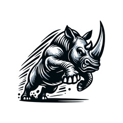 Obraz premium Angry running rhinoceros logo design. Rhino horn design vector illustration