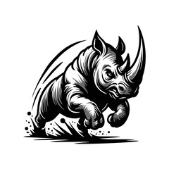 Obraz premium Angry running rhinoceros logo design. Rhino horn design vector illustration