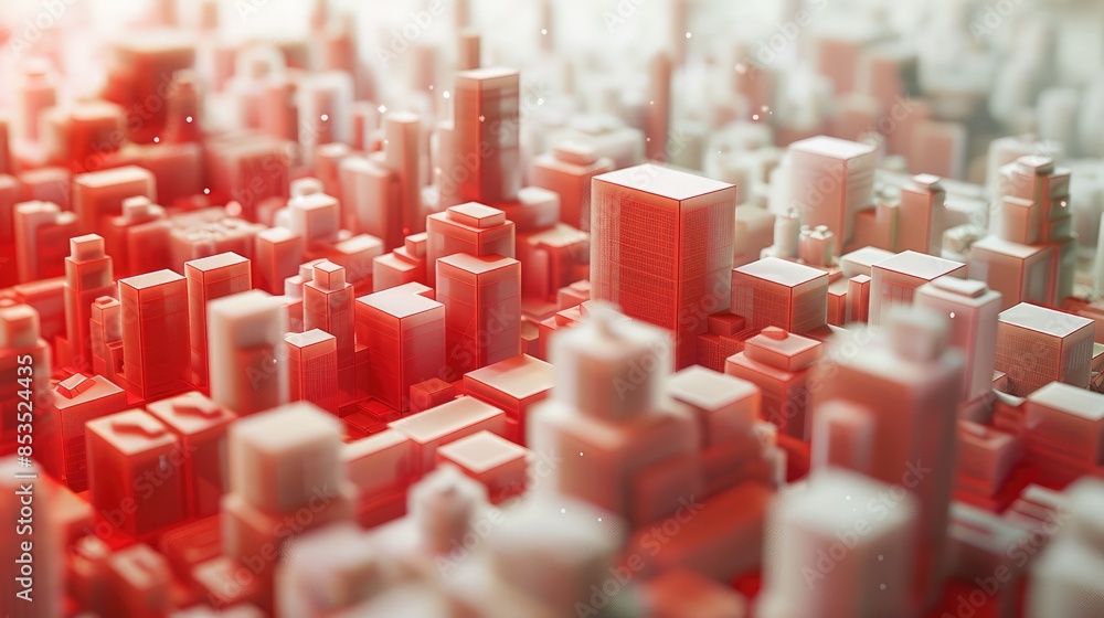 Poster a model of a abstract city, build from rectangle shapes. no windows. all elements are red. generativ