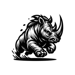 Fototapeta premium Angry running rhinoceros logo design. Rhino horn design vector illustration