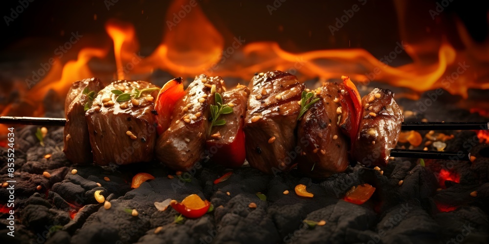 Poster digital art of beef shish kabobs cooked on the grill created using neural network technology. concep
