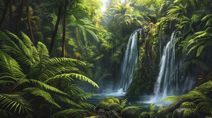 green temperate rainforest landscape illustration nature biodiversity, wildlife moss, ferns waterfall green temperate rainforest