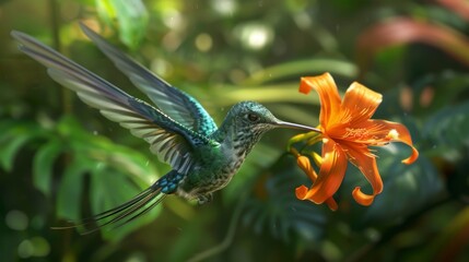 Obraz premium Hummingbird Long-tailed Sylph, Aglaiocercus kingi with orange flower, in flight