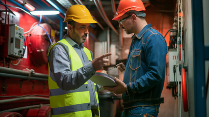 Teamwork: Two Workers Repairing in Construction Site
