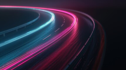 Abstract light trails with neon hues curving through the darkness, representing speed, motion, and modern technology on a dark background.