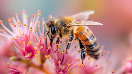 A honey bee on flower collects pollen and nectar