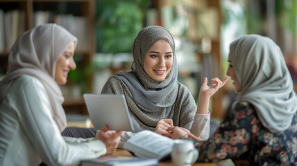 Three hijabi woman discussing a book for university assignment in modern cafe, 